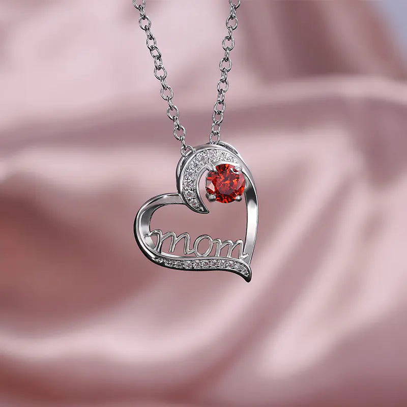 MOM Heart-Shaped Zirconia Necklace for Mother's Day