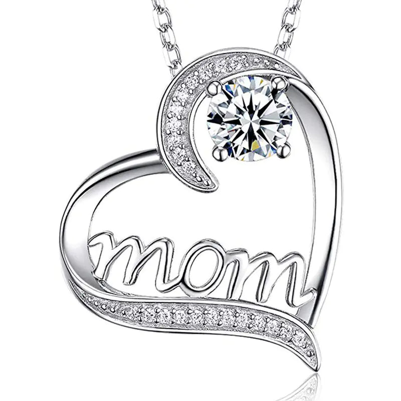 MOM Heart-Shaped Zirconia Necklace for Mother's Day