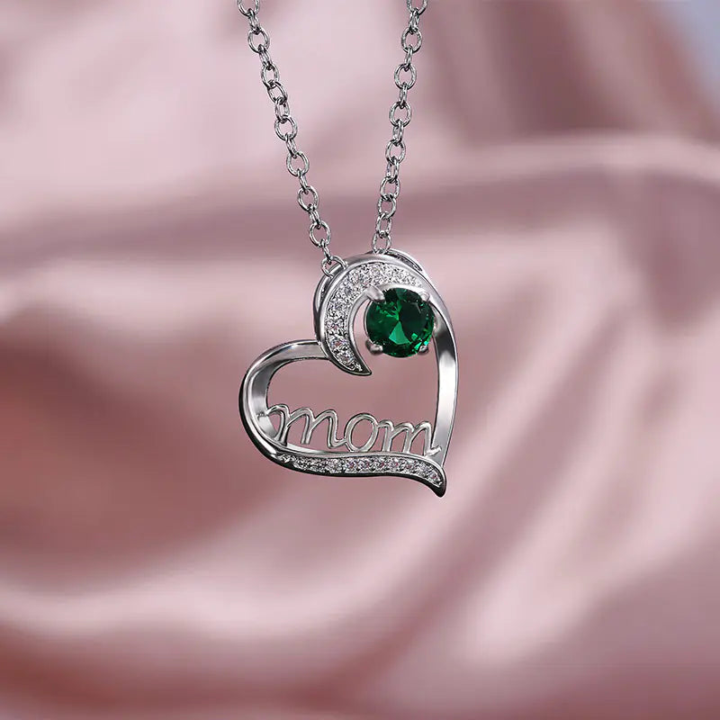 MOM Heart-Shaped Zirconia Necklace for Mother's Day